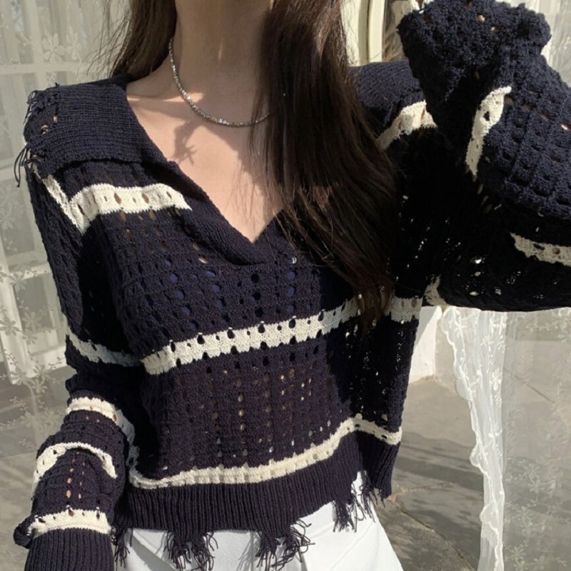 2025 primavera y verano blanco y negro rayas de color hueco chaqueta de moda coreana casual versátil blusa de punto delgada ropa de mujer image 8