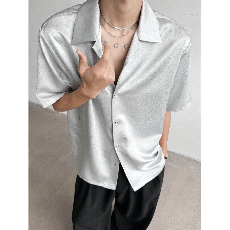 Satin Cuban Collar Shirt Short-sleeved Men's 2025 Summer Ice Silk Acetic Shirt High-end Men's Model Wear Coat