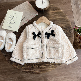 Autumn and Winter 2025 New Girls' Bow-Tie Tops, Girls' Chanel-Style Faux Fur Thickened Cotton-Padded Jackets for Children