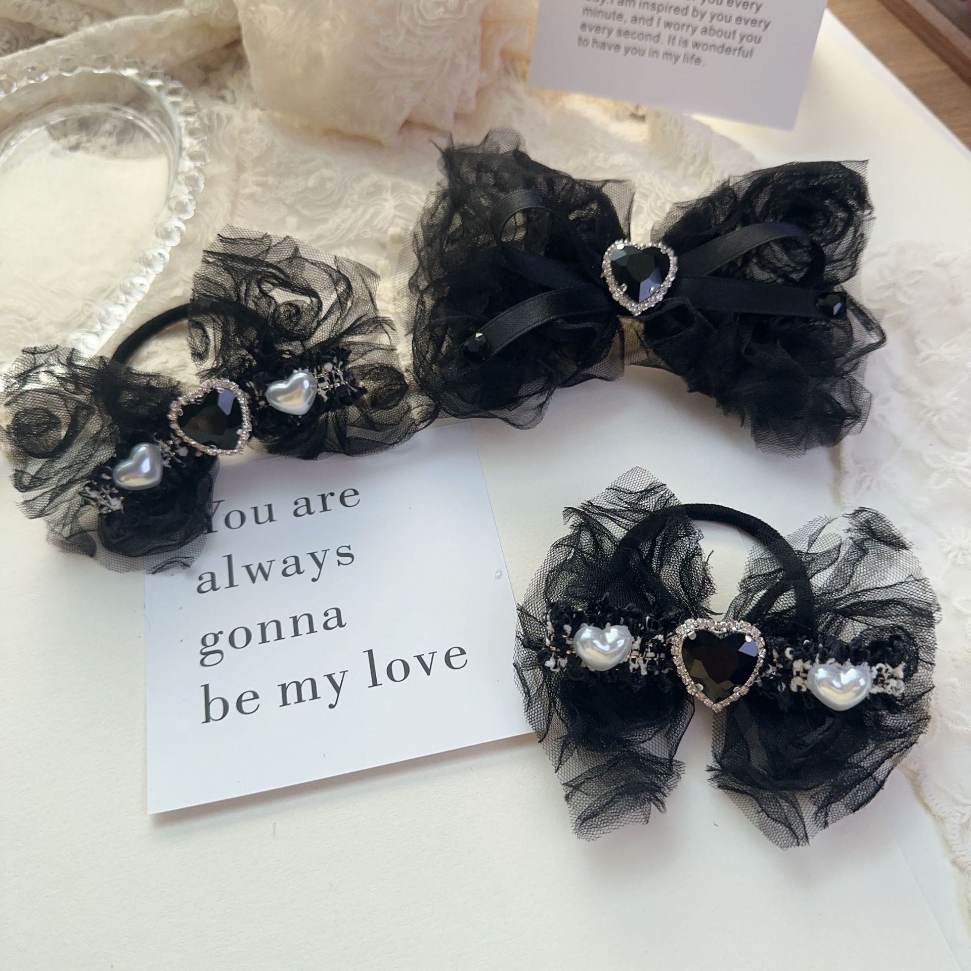 [2024 new] rose lace yarn bow hair ring Princess headdress black lace Big Peach heart gem