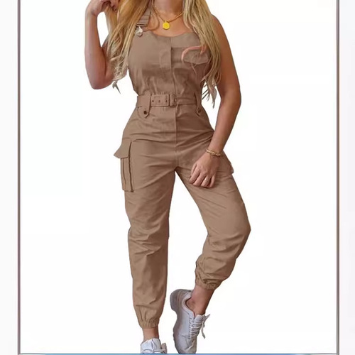 European and American-style women's utility-pocket design jumpsuit—sleeveless overalls with ankle-tight fit and a matching belt