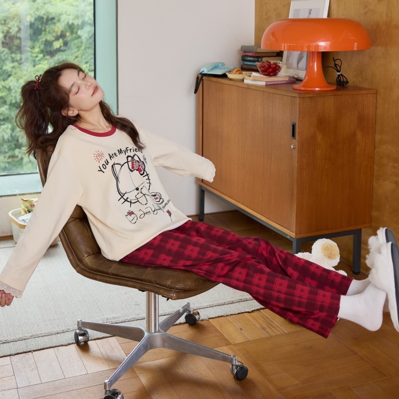 秋冬季新款睡衣女士带胸垫可爱卡通纯棉拉架长袖家居服套装可外穿|undefined