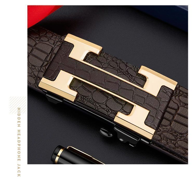 Crocodile Pattern Leather Belt Men's Waist Belt with Automatic Buckle Letter HB Fake Leather Belt Casual Versatile Trouser Belt