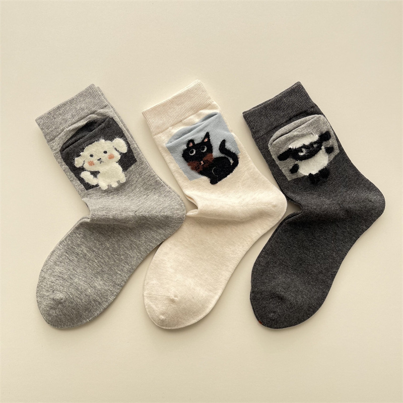 Four Seasons Combed Cotton Cartoon Animal Socks Korean Style Cute Pocket Puppy Lamb Mid-length Socks All-match Breathable Women's Socks