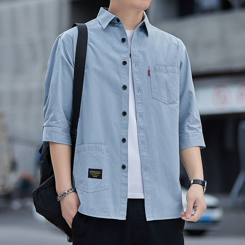 2025 Dropshipping Pure Cotton Shirt for Men, Three-Quarter Sleeve, Short Sleeve, All-Cotton Workwear, Solid Color, Loose Fit, Stylish Mid-Sleeve Shirt