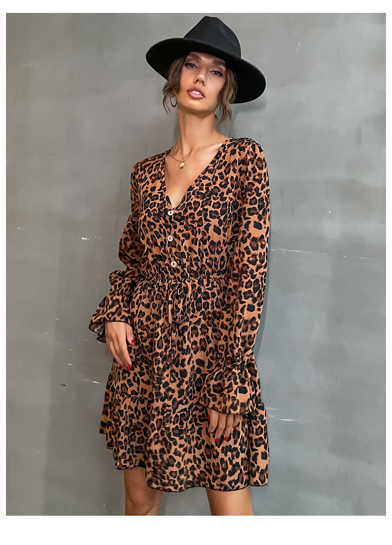 women s trumpet long-sleeved v-neck leopard print dress nihaostyles clothing wholesale NSDMB77981