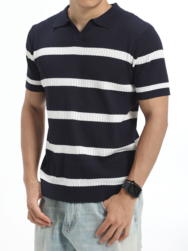Verano hombre hueco rayas de cuello V jersey polo seda transpirable mangas cortas de negocios casuales superior