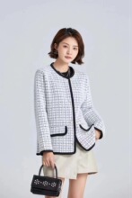 圆领格子包边仿水貂绒小香风外套毛衣春秋女