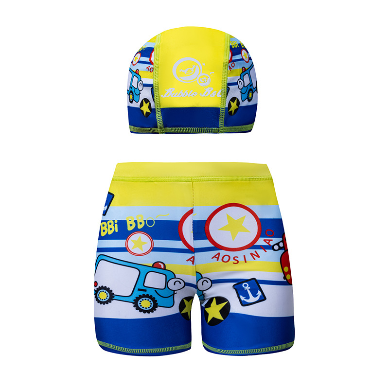 2025跨境新款儿童泳裤男可下水保守平角男童泳裤带泳帽温泉沙滩裤
