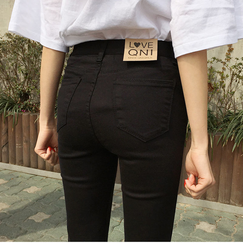 夏季黑色牛仔裤女新款韩版显瘦高腰弹力紧身九分小脚八分铅笔长裤