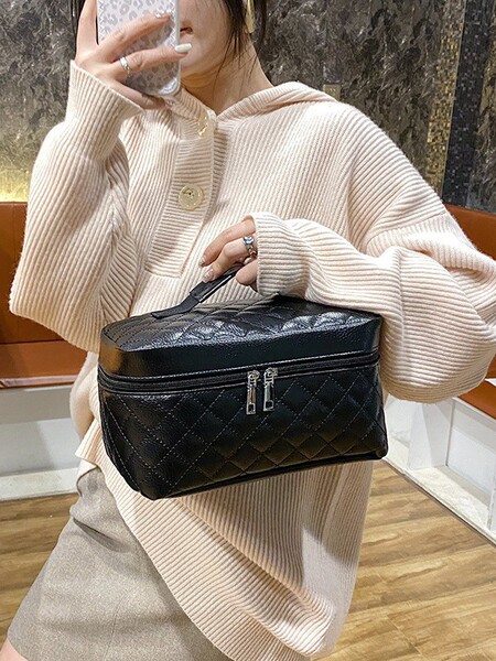Fashionable capacious black handheld polyurethane cosmetic bag for…