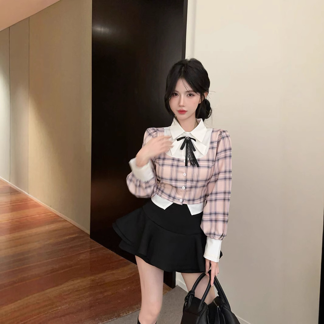 대학 스타일 달콤한 향신료 소녀 나이 감소 가짜 2 조각 격자 무늬 작은 대비 셔츠 블랙 투투 스커트 JK 세트 트렌디