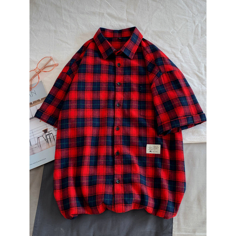 Camisas de manga corta a cuadros para hombres de verano nuevo estilo suelto marca de moda camisa de media manga americana chaqueta casual retro