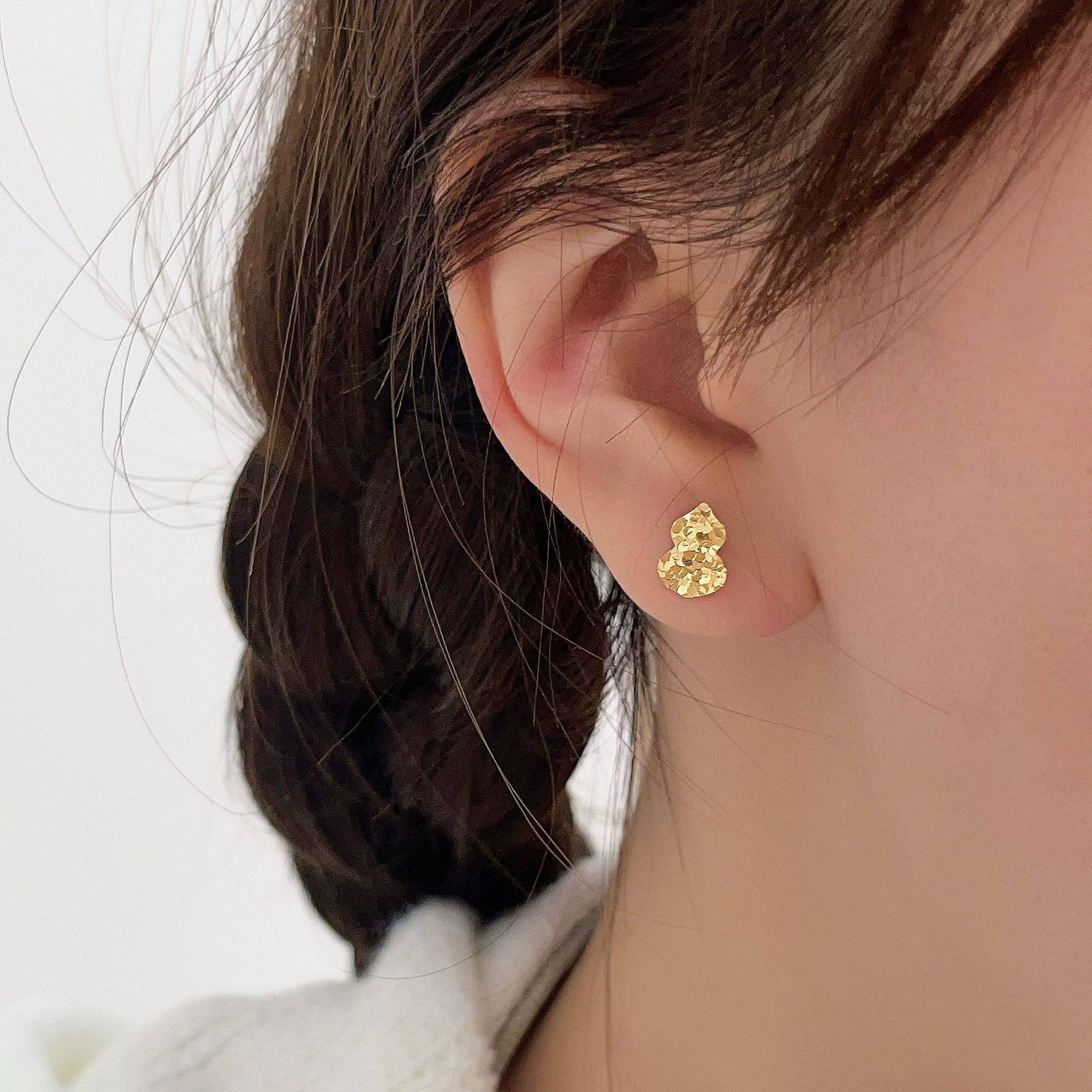 S925純銀碎冰冰葫蘆耳釘女 INS潮高級飾品感簡約百搭金色新款耳飾
