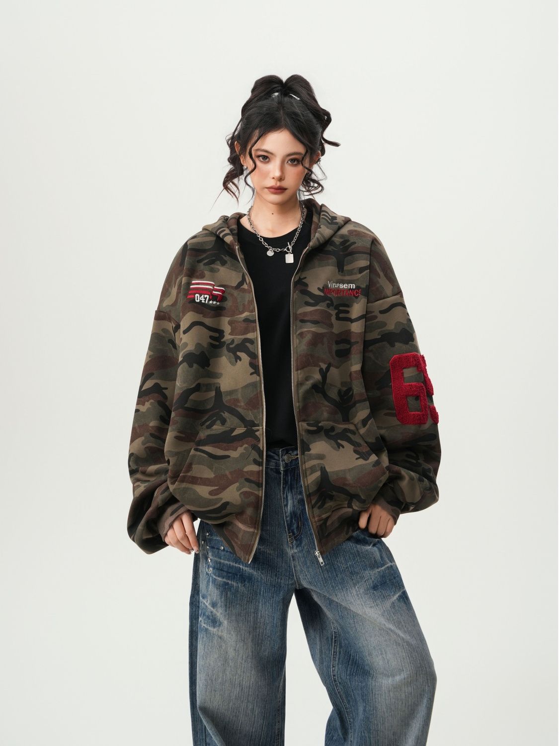 American Streetwear Camouflage Cardigan Hoodie Unisex Couples Spring Vintage Trendy Oversized Casual Hooded Sweatshirt