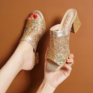 2025 new Korean style versatile sandals women's chunky heel mesh sandals and slippers comfortable breathable spring and summer fish mouth sandals