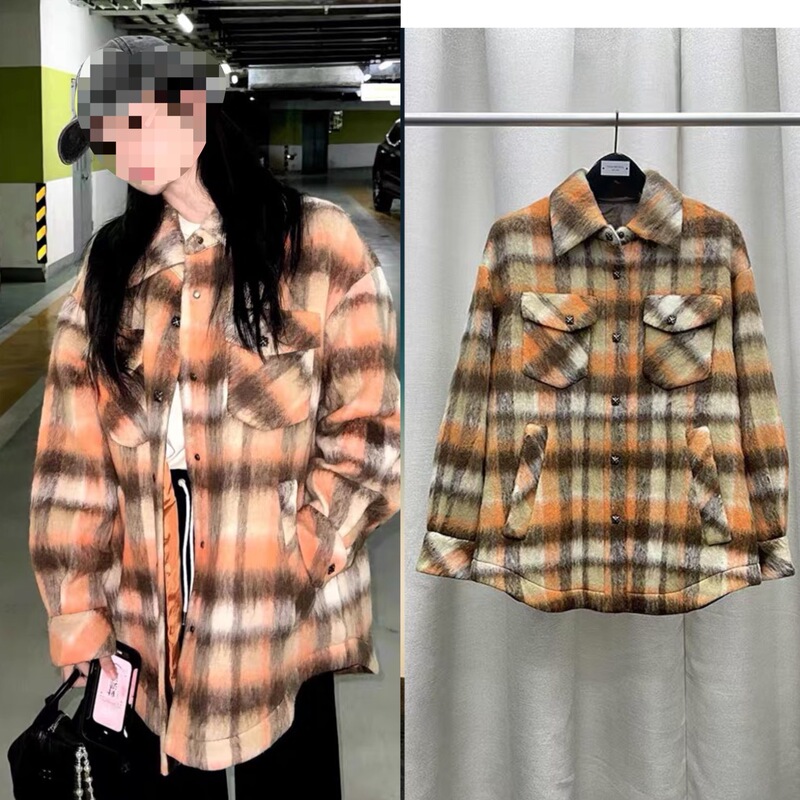 White Deer Same Style Korean Style Atmosphere Maillard Retro Lapel Top Women's Winter Shirt Plaid Sweater Coat