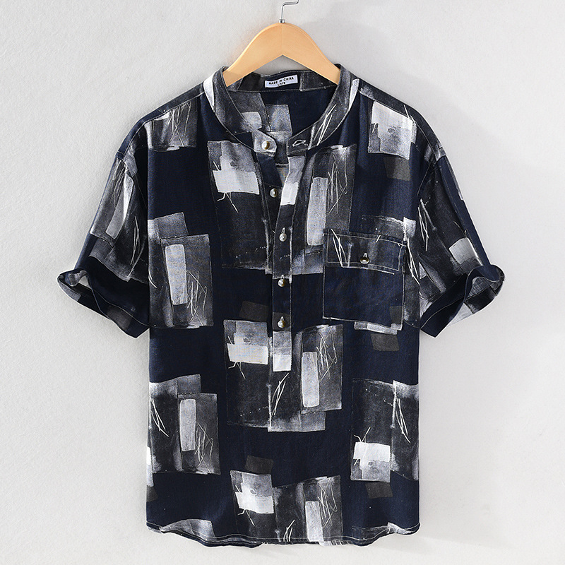 New black and white printed linen shirt for men's short sleeved Chinese style printed youth standing collar pullover shirt_voghion.com