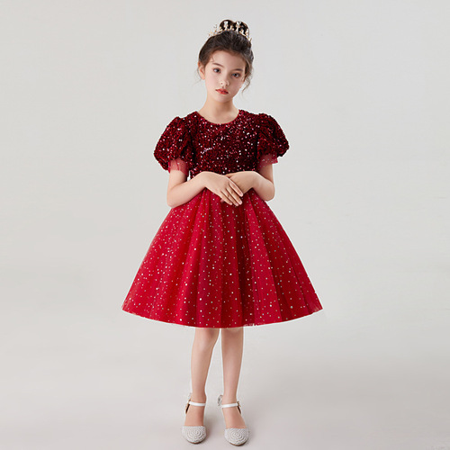 Little Girls' Short Sleeve Formal Dress Evening Gown Sequin Net Overlay Puffed Skirt Short Princess Dress Sweet Performance Host Program