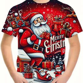 2025夏季童装潮流百搭休闲设计感圣诞主题印花儿童短袖