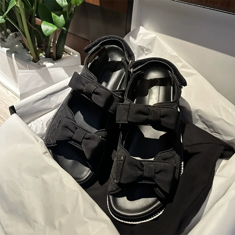 Summer beach universal beach footwear with bow with velcro, sandals, Chanel style, genuine leather