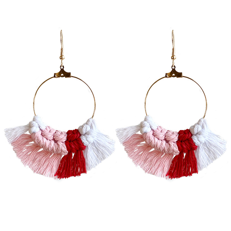 Valentine's Day woven earrings European and American style pastoral style metal ring tassel earrings hand-woven earrings geometric earrings