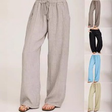 跨境女装 2024秋冬 新款欧美 亚马逊 宽松阔腿棉麻时尚休闲长裤女