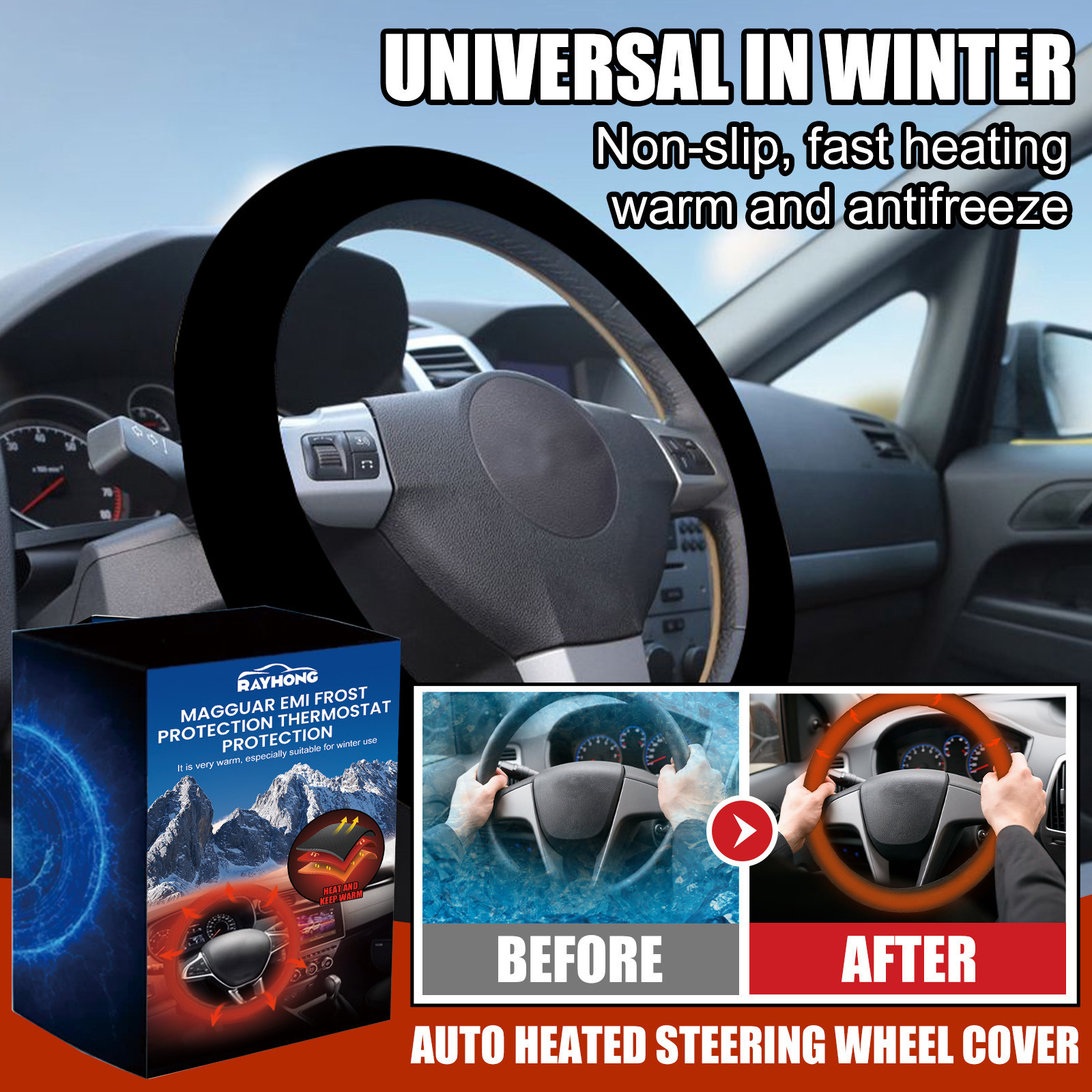 Rayhong Car Heated Steering Wheel Non-Slip Universal Steering Wheel Cover Quick Warming Hand Warmer Protective Cover