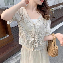 韩国短袖防晒衣女新款夏季薄款V领网纱镂空开衫蕾丝衫披肩小外套