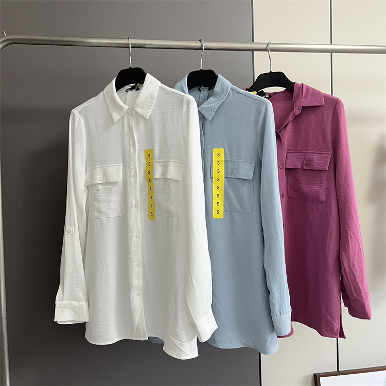 9067 Edge Single ~ Spring and Autumn Women's Lapel Simple Joker Texture Loose Breathable Skin-Friendly Comfortable Long Sleeve Shirt