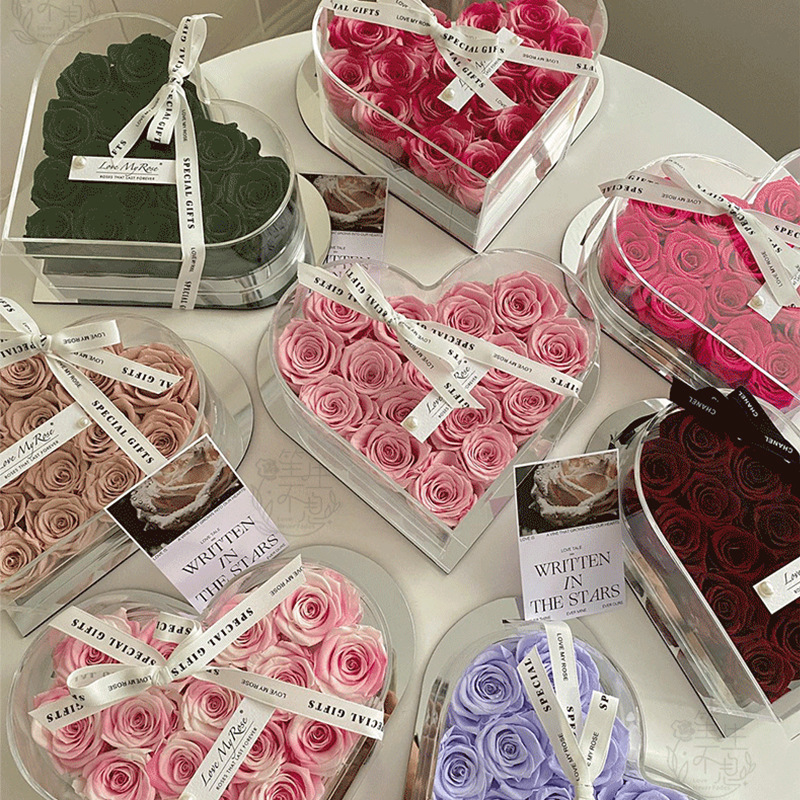 Rosa eterna de flores reales con temática de amor, producto terminado en caja de regalo acrílica, un regalo de alta gama para novia en el Día de San Valentín chino.