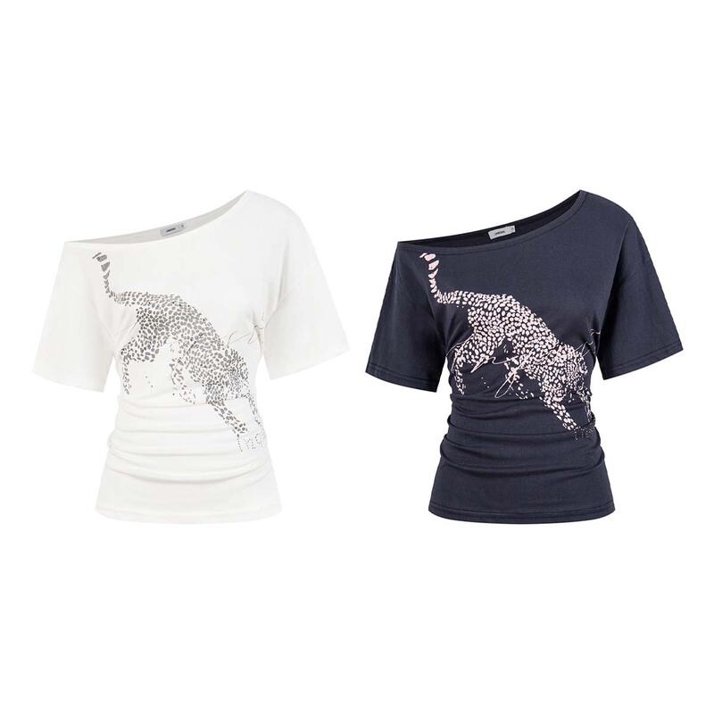 Unbdns Jaguar Retro Straight-Shoulder T-Shirt for Women, American Niche Design, Printed, Waist-Cinching, Slim-Fit Short Top