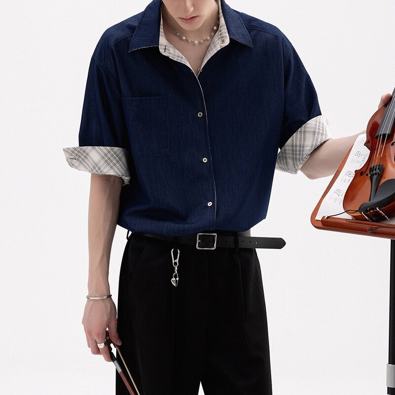 High-end ice silk patchwork plaid shirt for men, short-sleeved, summer 2025 new style, stylish and casual, loose fit, wrinkle-free