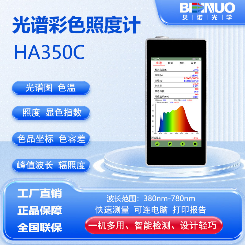 HA350C光谱彩色照度计色温仪光源色差计波长显色指数色品坐标显指