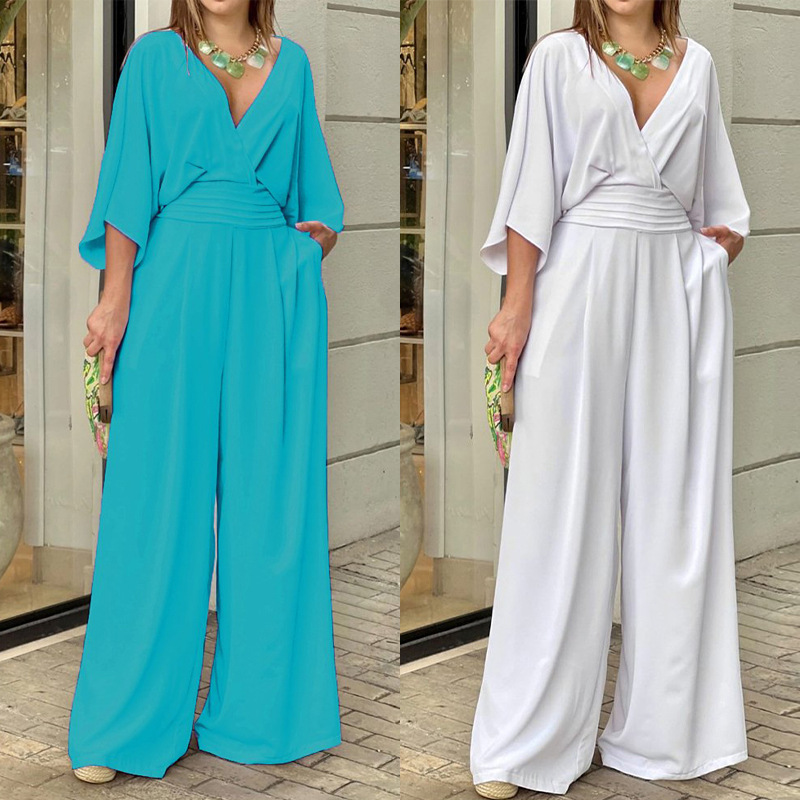 2026 Spring New Style Cross-Border European and American Women's Fashion Elegant Casual V-Neck Slim Fit Solid Color Wide-Leg Jumpsuit