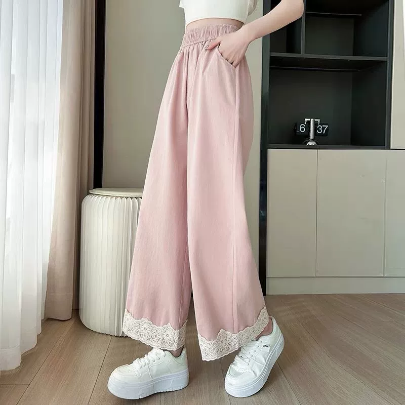 Винтажные широкие брюки из стираного хлопка для женщин, летние укороченные прямые брюки с высокой талией и свободной драпировкой, облегающие брюки с кружевной отделкой
