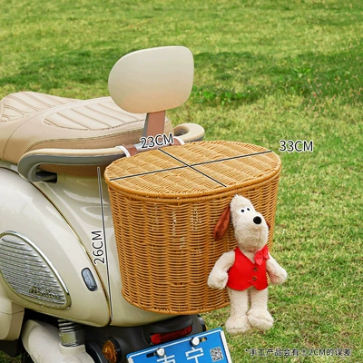 Electric car tail box scooter rear basket with cover, storage - brown-bicycle-basket-lid-strap-red-plush-toy-hand-woven-blue-waterproof-fabric