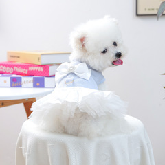 宠物衣服秋冬新款小型犬幼犬快乐狗猫保暖舒适蓝白蝴蝶结公主裙