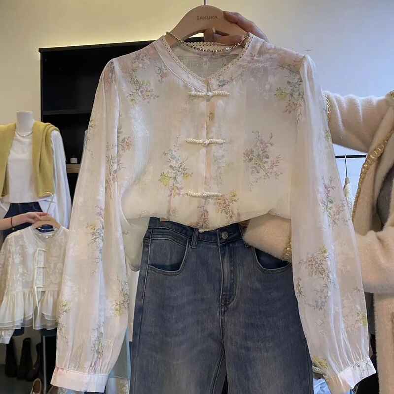新中式温婉国风碎花拼接蕾丝圆领长袖上衣防晒设计感复古国风小衫|undefined