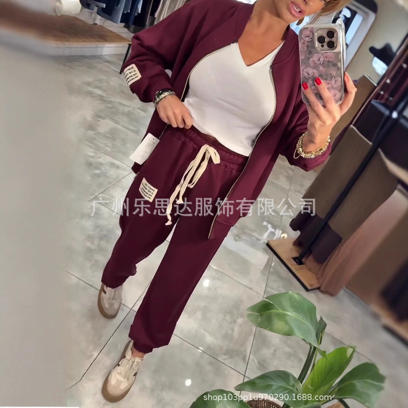 25秋冬新款亚马逊独立站欧美跨境女装圆领拉链外套裤子休闲套装|undefined
