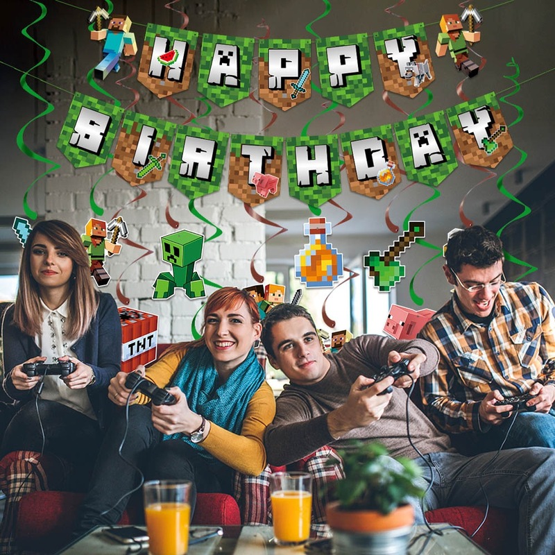 新しい Minecraft 誕生日パーティー装飾バナーゲームテーマピクセルバトル誕生日装飾スパイラルペンダント|undefined