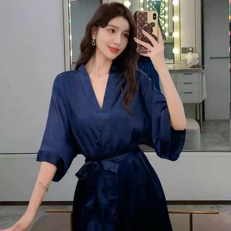 Женский длинный шелковый халат, летняя тонкая пижама-robe, европейский стиль, пояс на талии