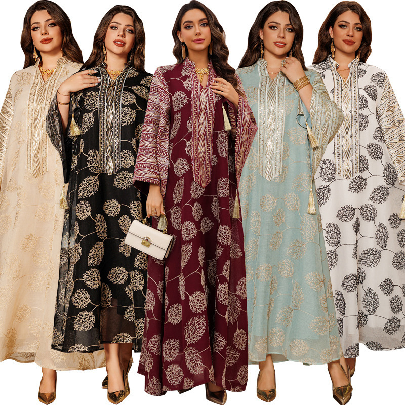 Ln423 2026 New Style Women's Loose-Fitting Stand-Collar Long Gown with Flared Sleeves, Heavy-Duty Gold Stamping, and Tassels Ln423 2026 New Style Women's Loose-Fitting Stand-Collar Long Gown with Flared Sleeves, Heavy-Duty Gold Stamping, and Tassels