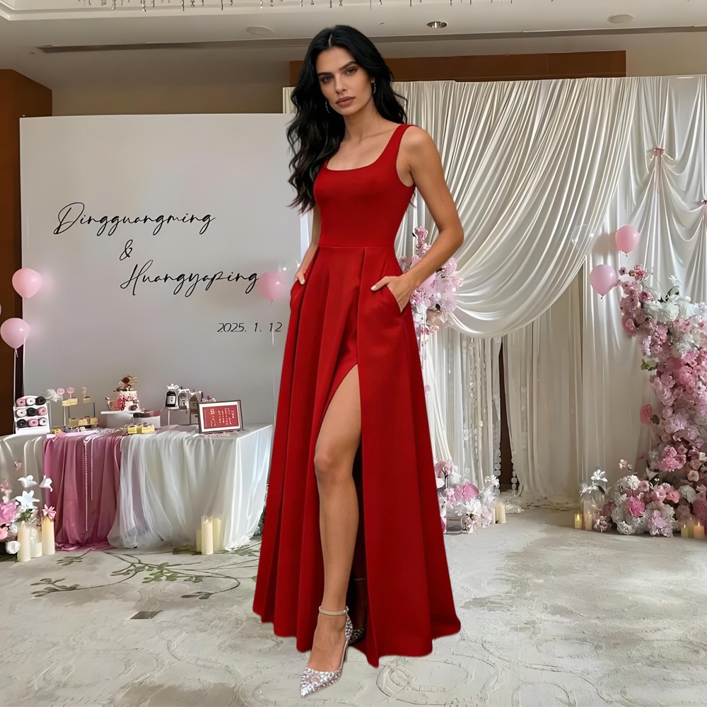Satin square-neck sleeveless long evening dress for bridesmaids, annual parties, and hosts, plus-size dress for women, suitable for cross-border trade