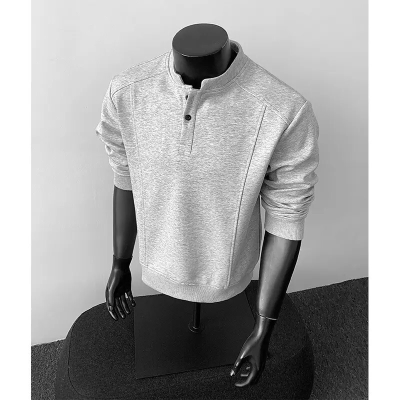Gray Henry Collar Long-Sleeved Polo Shirt Men's American Deconstructed Stitching Right Shoulder T-Shirt Boxy Version with Sweatshirt Inside