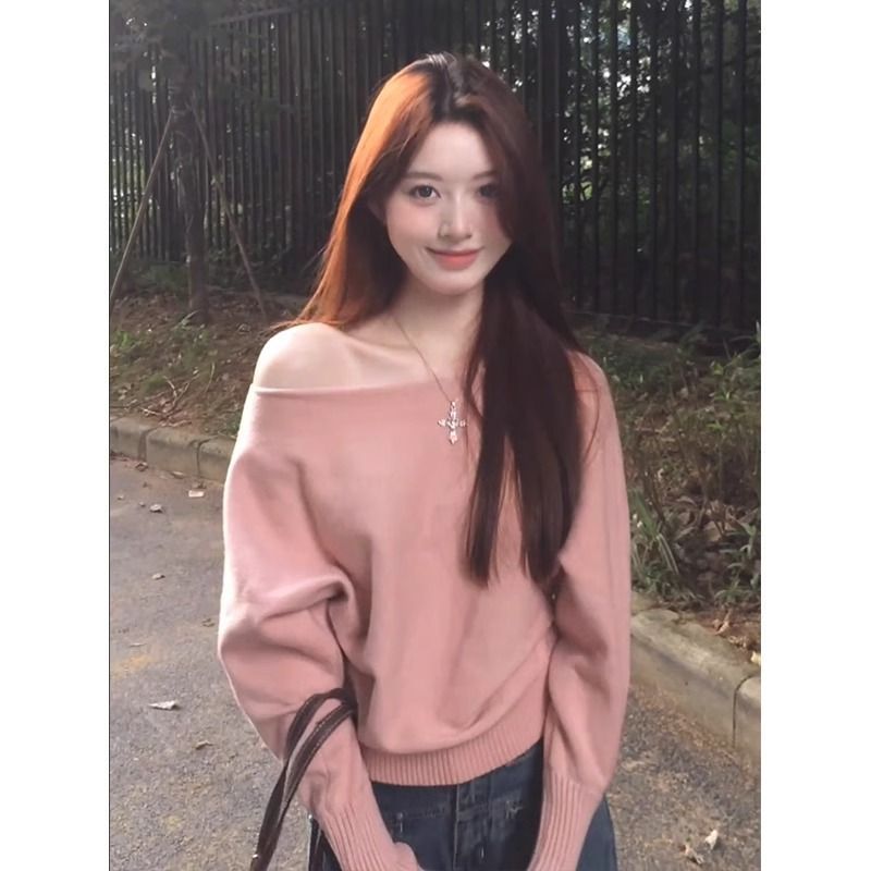 한국식 핑크 긴팔 니트 스웨터 여성의 가을 및 겨울 내베이스 레이어 스웨터 서양식 연령 감소 숄더 탑