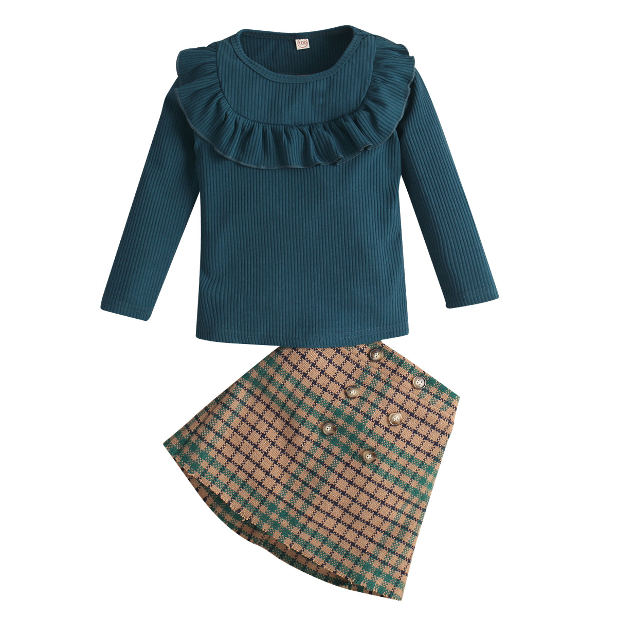 2024 Höst Nytt Barn Långärmad Rundhalsad Spetsstickad Skjorta Rutig Halvkjol Tvådelat Set_voghion.com