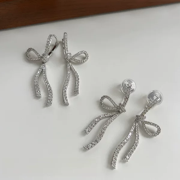French style full zirconium bow ear clip non-pierced mosquito coil earrings long high-grade temperament ear buckle niche earrings