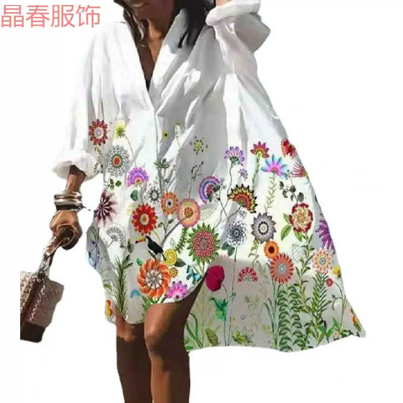 外贸跨境独立站跨境时尚休闲宽松翻领中长衬衫女连