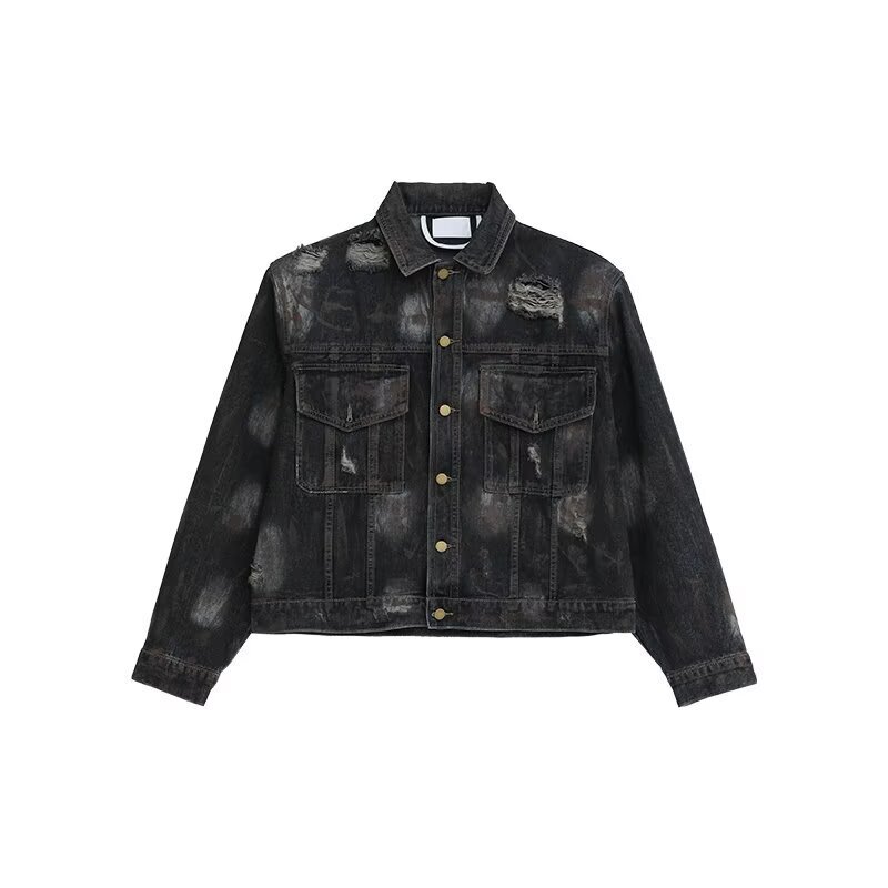 【Cross-Border Wholesale】Men's Ripped Jeans Loose Fit Street Vibe Style Heavy-Duty Padded Shoulder Jacket Two-Piece Set
